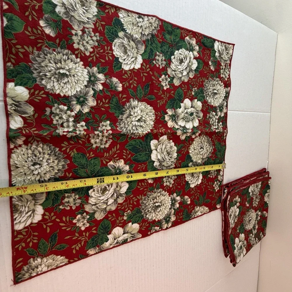 Vintage Red, Gold & White Floral Linen Cotton Napkins Set of 4 Cottagecore